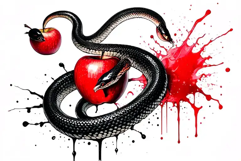 snake wrapped around neck biting an  apple tattoo design idea