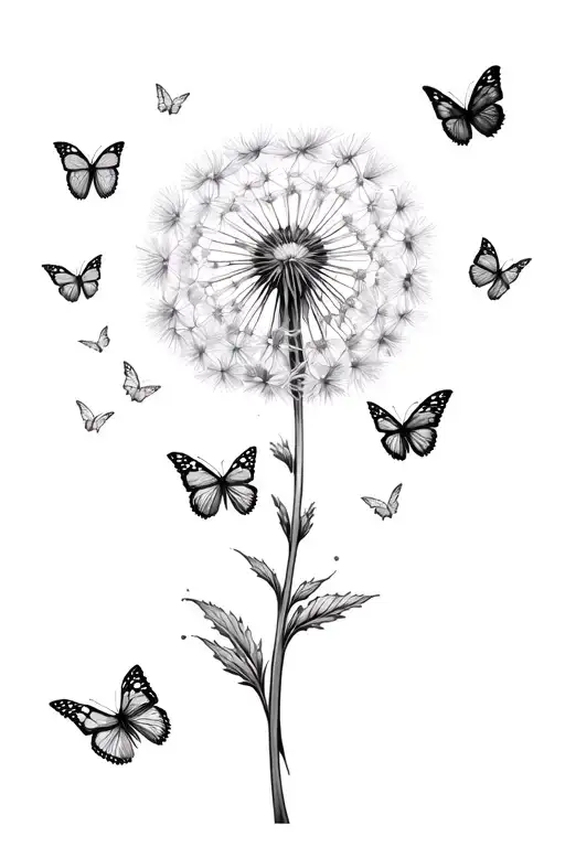 dandelion flower with butterflies flying around it with " whatgood are wings without the courage to fly" tattoo design idea
