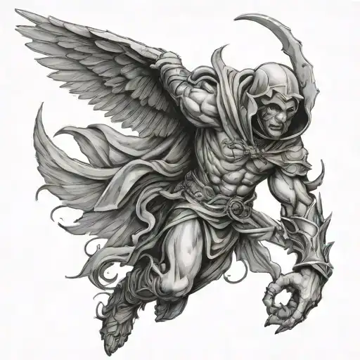 hooded arch angel fighting demon tattoo design idea