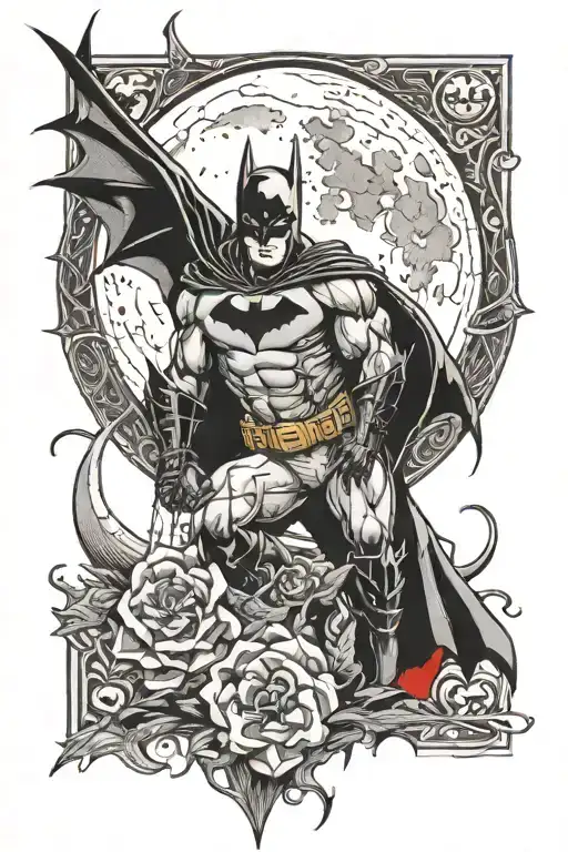 batman, bat red details, moon and realism blackwork tattoo tattoo design idea