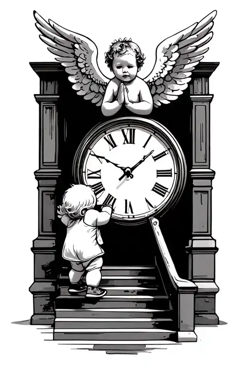 kid walking upstairs roman numerals clock praying hands and a baby angel on top tattoo design idea