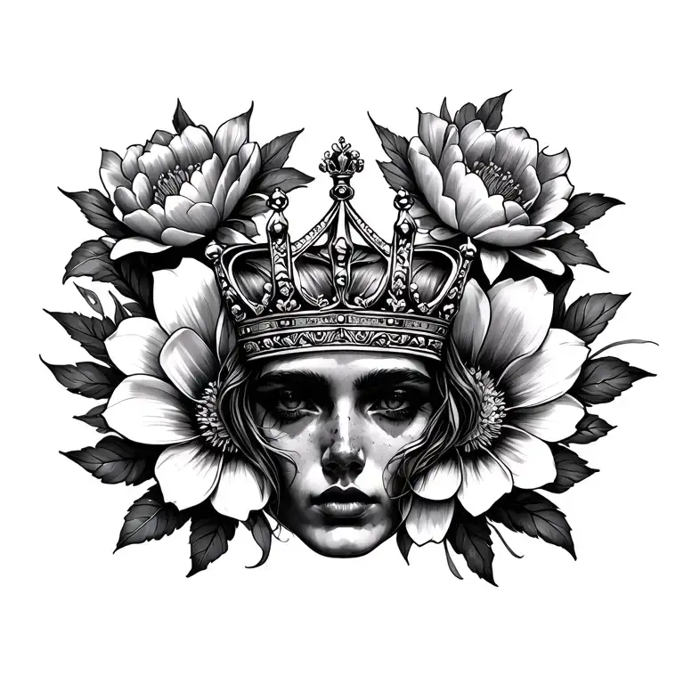Genesis with crown surrounded by bold flowers intertwined tattoo design idea