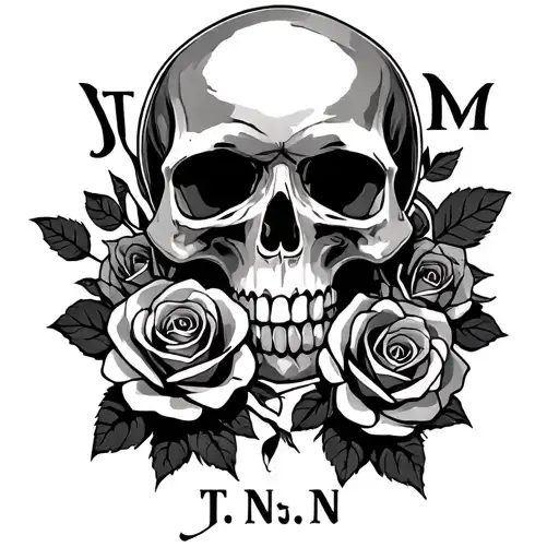 "J T N D N M" skull and roses intertwined tattoo design idea