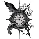 deception and time clock and eyes of horus and tree tattoo design idea