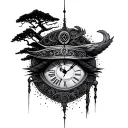 deception and time clock and eyes of horus and tree tattoo design idea