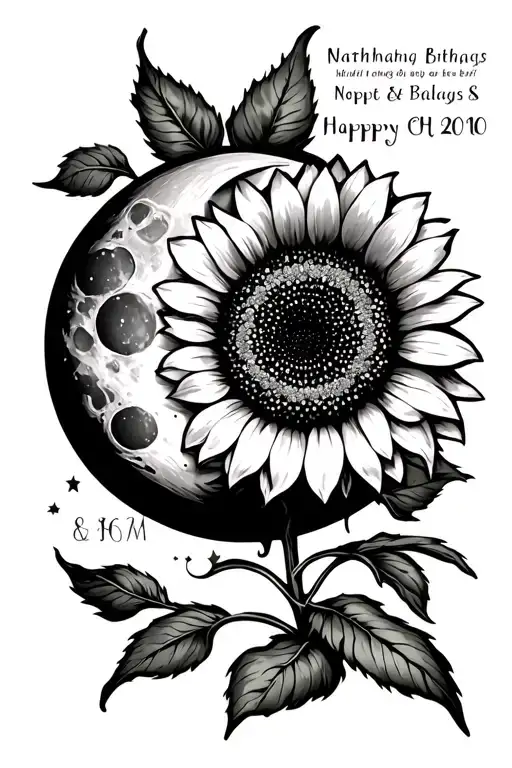 moon and sunflower with birthdate incorporated within tattoo design idea
