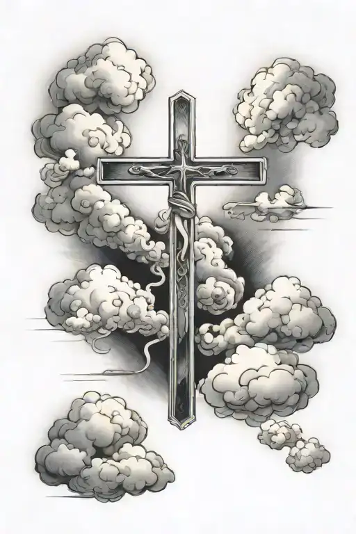 A cross with clouds in the background and a light that illuminates it tattoo design idea