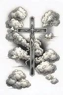 A cross with clouds in the background and a light that illuminates it tattoo design idea