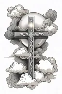 A cross with clouds in the background and a light that illuminates it tattoo design idea