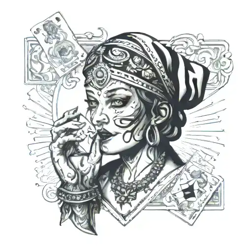fortune teller with cards laid in front tattoo design idea