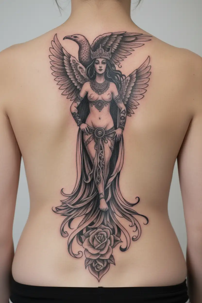 Isis goddess nude wings covering chest and crotch tattoo design idea