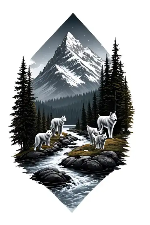 a mountain with a river running down through a forest of trees. and a family of 5 wolves  tattoo design idea