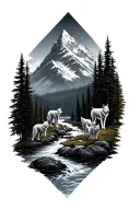 a mountain with a river running down through a forest of trees. and a family of 5 wolves  tattoo design idea