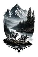 a mountain with a river running down through a forest of trees. and a family of 5 wolves  tattoo design idea