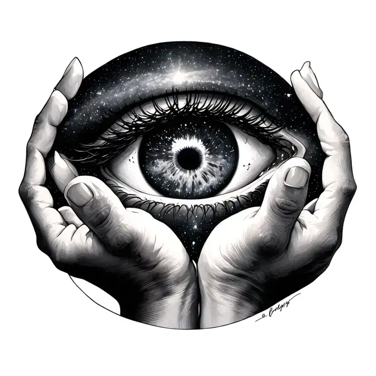 an eye floating and below this two hands taking a galaxy tattoo design idea