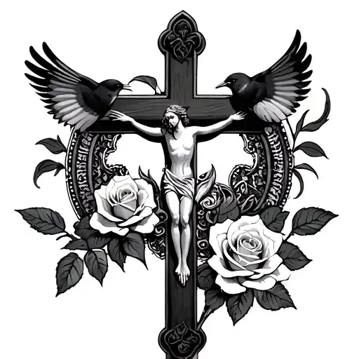 Old school style. A crucifix in the center. Two roses at the bottom. Birds on top. Lace on the sides tattoo design idea