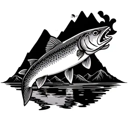 trout maori with mountain landscape tattoo design idea