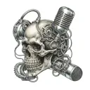 skull and microphone intertwined with musical notes and symbols tattoo design idea