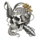 skull and microphone intertwined with musical notes and symbols tattoo design idea