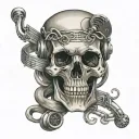 skull and microphone intertwined with musical notes and symbols tattoo design idea