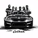 Coten's inscription against the background of the BMW car and 5 friends nearby tattoo design idea