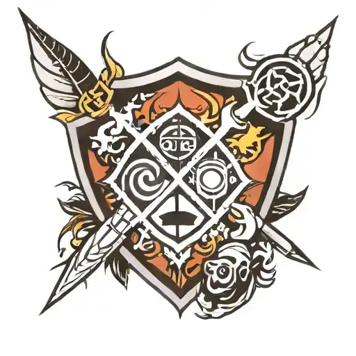 Shield logo incorporated with symbols from one piece, naruto, bleach, avatar the last air bender tattoo design idea