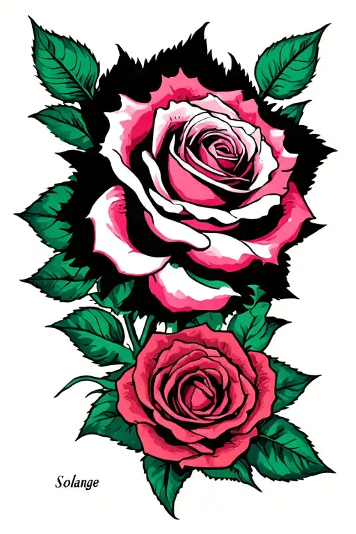 one side is a dying rose with the name Solange on it and next to it  is rising rose also with the name Solange on it tattoo design idea