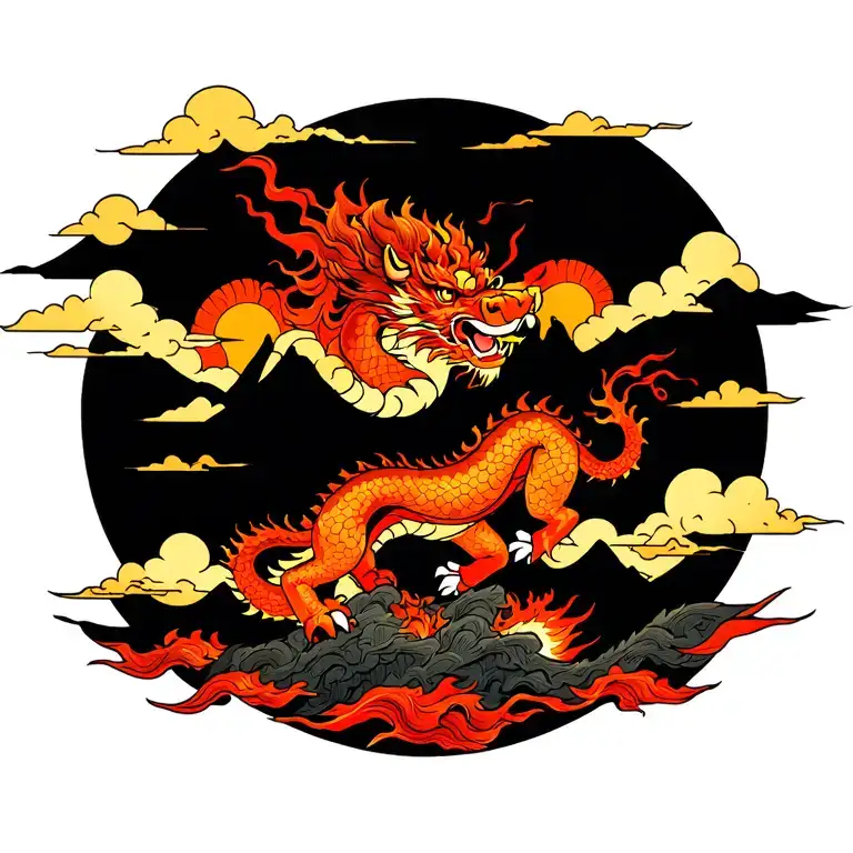 Cascading mountains (brown and yellow tones), stepping on fire Qilin (cinnabar red scales, golden eyes), the main peak of the mountain covers the Mingmen point, the head of the Qilin faces the Dazhui point, auspicious cloud patterns (round golden clouds), the overall direction of the dragon tattoo design idea