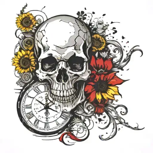 skull medusa greek mythology with a clock backround and sunflowers and semicolon  tattoo design idea