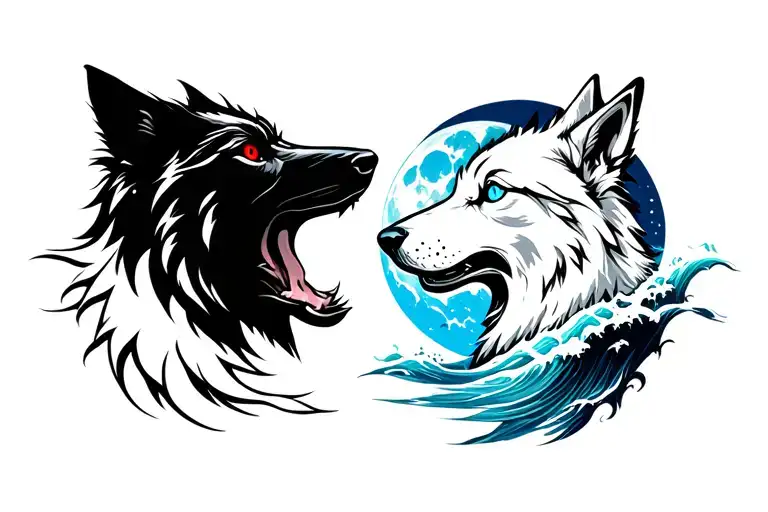 black wolf with red eyes howling at moon  and white wolf with ocean blue eyes howling at moon inside a bts logo tattoo design idea
