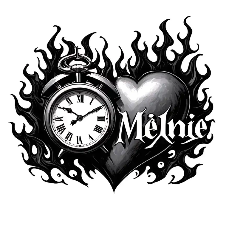 "Mélanie" clock heart in flame tattoo design idea