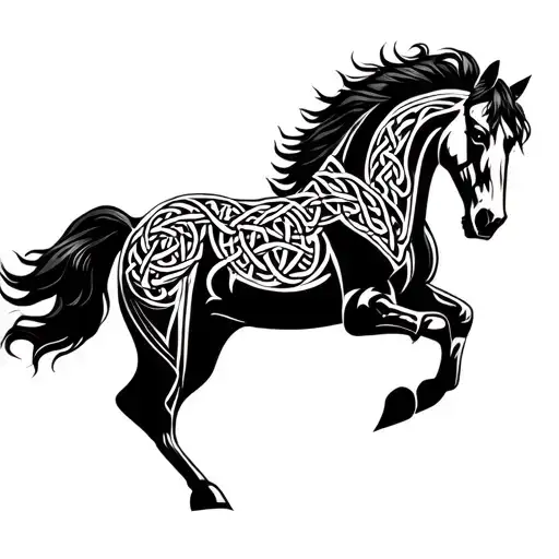 mustang horse head back high  raising up verticaly high up scared or angry no clipping with celtic knots shadding hair tattoo design idea