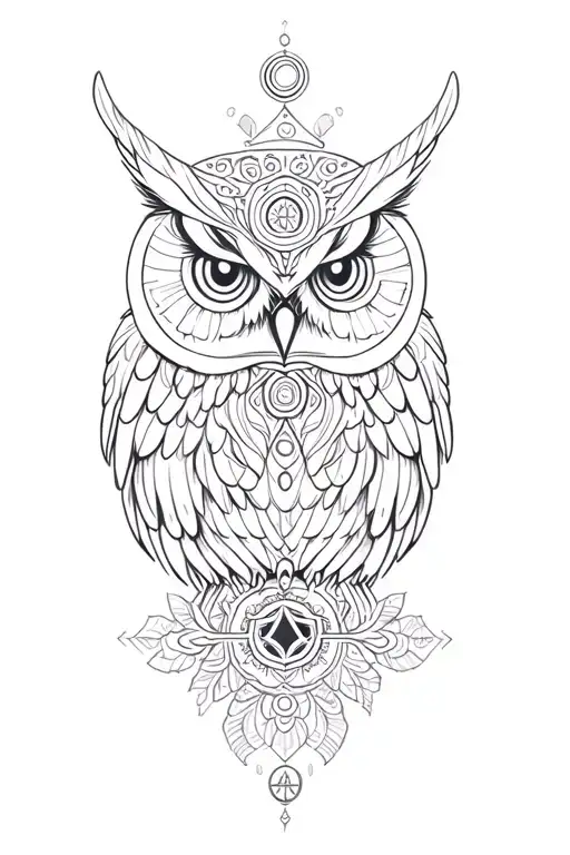 owl and chakra symbols and peace sign tattoo design idea