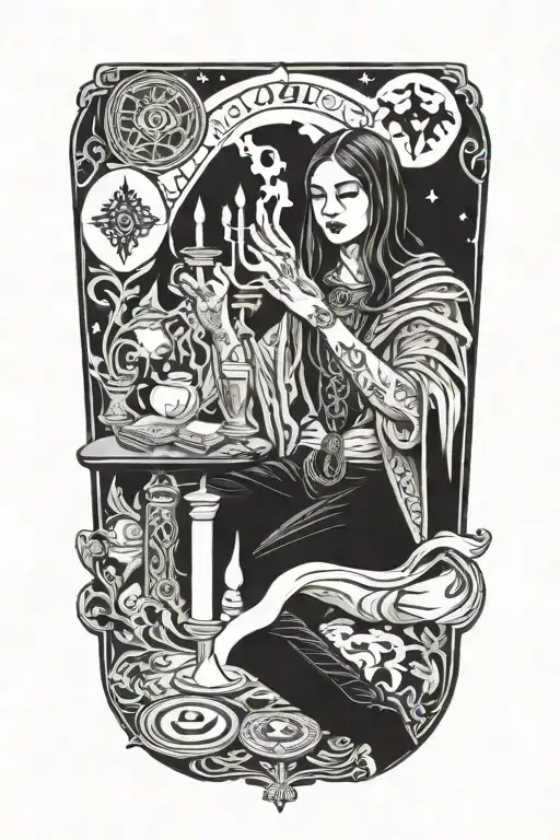 Occultist performing a ritual, candles, tarot cards tattoo design idea