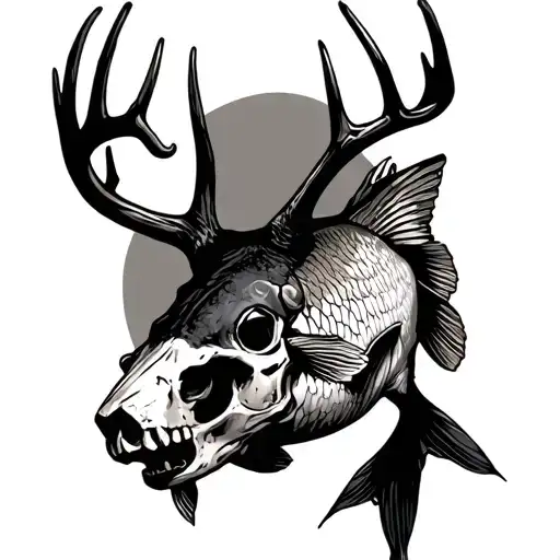 deer skull and bass fish tattoo design idea