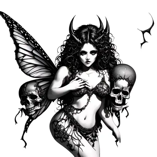 Demonic fairy holding skulls tattoo design idea