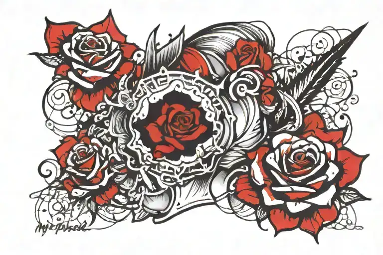 small shoulder tattoo black and dead roses with the text "My Princess Josephine" bold gothic style tattoo design idea