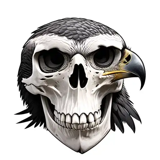 Realistic Hawk head sitting on top of realistic human skull tattoo design idea