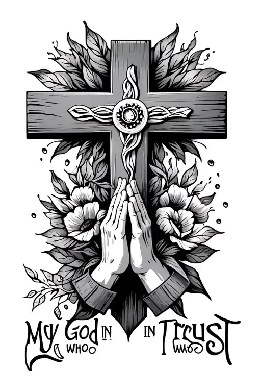 cross with words" my god in whom I trust" with two hands that pray tattoo design idea