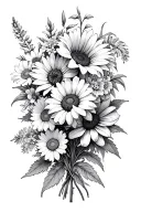 bouquet of flowers with fireweed, peony, daisy, sunflower, forget me not, and morning glory tattoo design idea