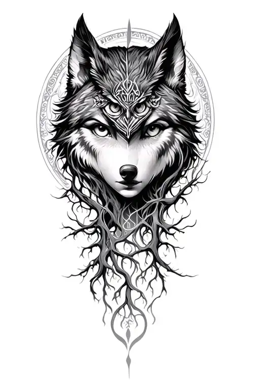 Norse mythology, female face with wolf, owl eyes tree of souls tattoo design idea