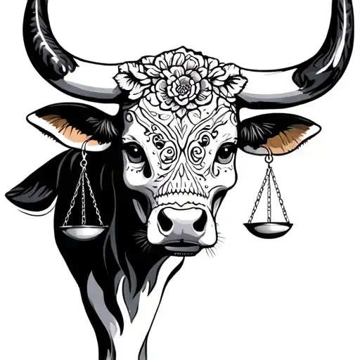 feminine bull with sugar skull markings and 2 Libra scales and dark  background tattoo design idea