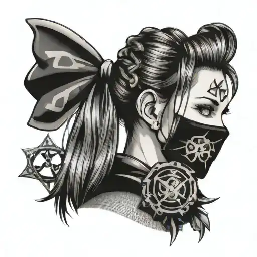 Girl in pigtails with nuclear symbols for hair bows in a nuclear mask tattoo design idea