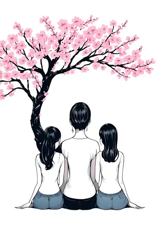 fine line art of the back view of a mother with two teenange daughters sitting under cherry blossom tree.  tattoo design idea