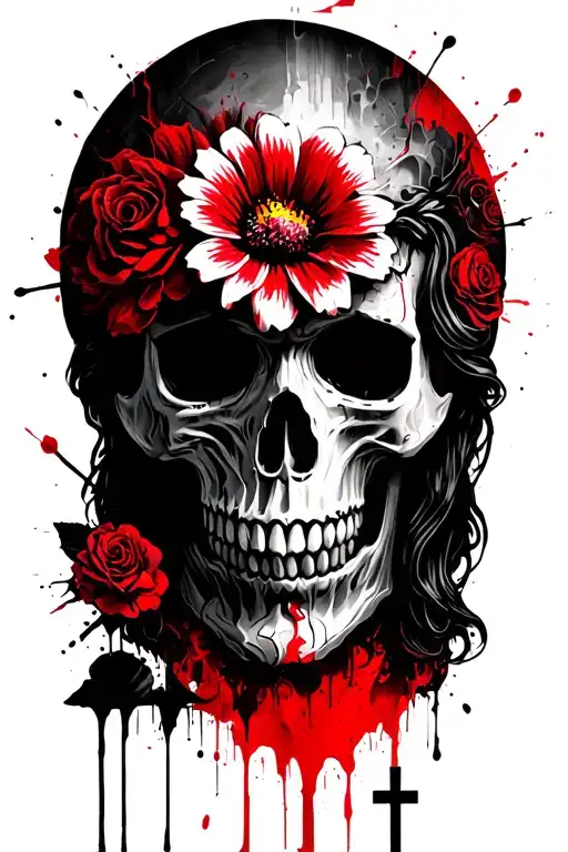 Makes a skull with a flower and below Jesus with 3 cross tattoo design idea