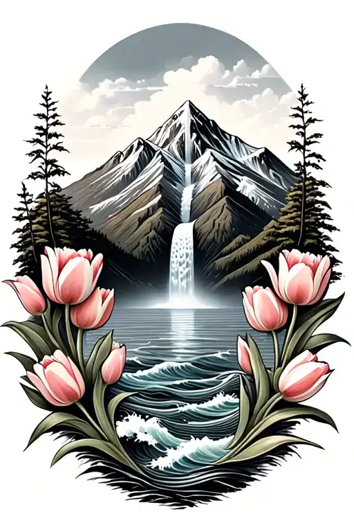 mountain with waterfall becoming ocean below with waves. tulips along the sides.  tattoo design idea