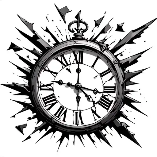 broken shattered clock with roman numerals and pieces flying off of it  tattoo design idea