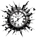 broken shattered clock with roman numerals and pieces flying off of it  tattoo design idea