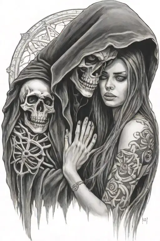 a girl with long hair comforting a large cloaked grim reaper tattoo design idea