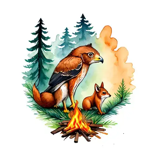 Create a tattoo of treeline and campfire, adding in a hawk, squirrel, Badger and fox., like theyre family. use colour tattoo design idea